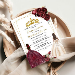 Invitation Bourgogne et papillon ivoire Twin Quinceanera