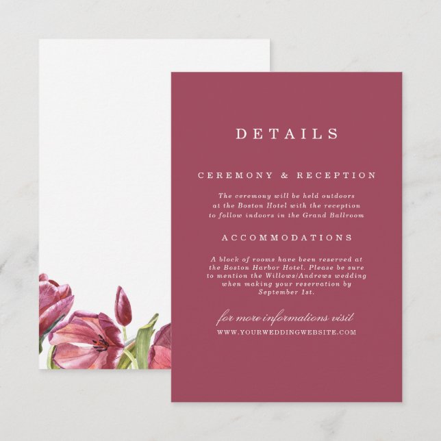 Invitation Bourgogne et pavois Détails du Mariage Floral (Devant / Derrière)