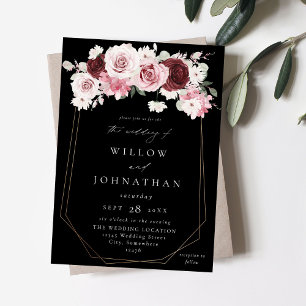 Invitation Bourgogne et rose 6 Ele Mariage floral - Noir