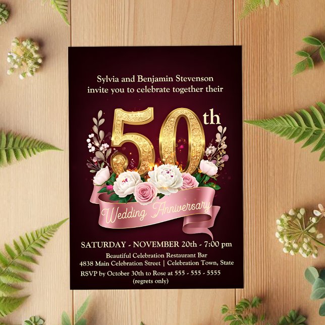 Invitation Bourgogne et Rose Floral 50e anniversaire du Maria (Créateur téléchargé)