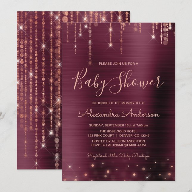 Invitation Bourgogne et Rose Gold Baby shower Party (Devant / Derrière)