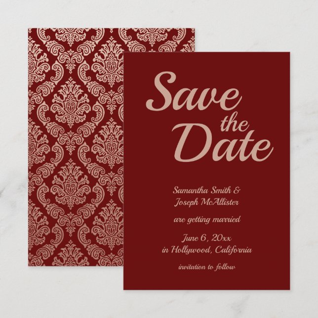 Invitation Bourgogne et Rose Gold Damask Enregistrer la date (Devant / Derrière)