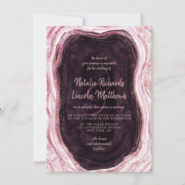 Invitation Bourgogne et Rose Gold Geode Agate Marbre Mariage (Devant)