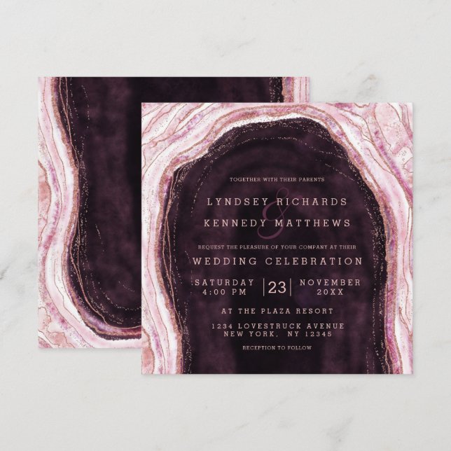 Invitation Bourgogne et Rose Gold Geode Agate Mariage Carré (Devant / Derrière)