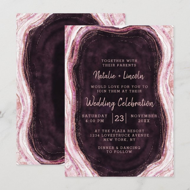 Invitation Bourgogne et Rose Gold Geode Agate Rock Mariage (Devant / Derrière)