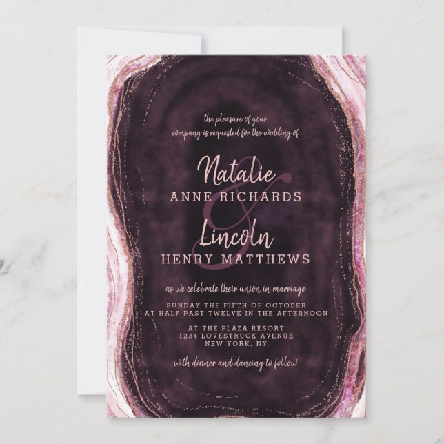 Invitation Bourgogne et Rose Gold Geode Agate Slice Mariage (Devant)