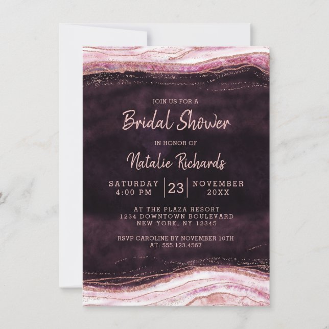 Invitation Bourgogne et Rose Gold Geode Mariage Fête des mari (Devant)