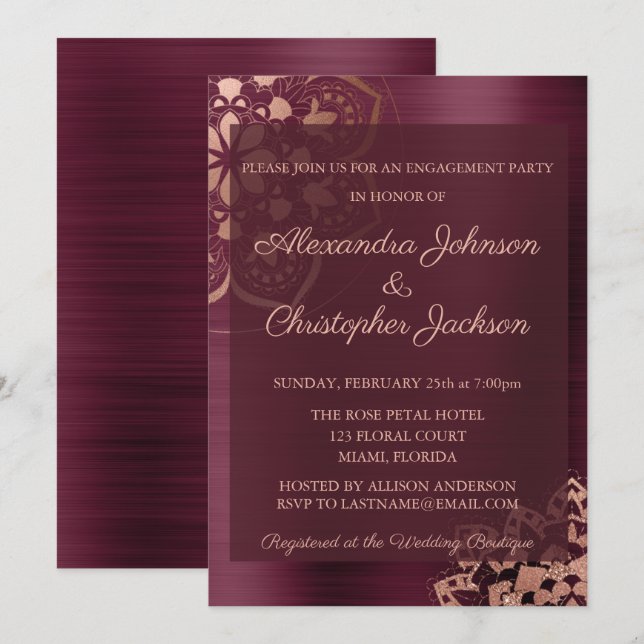 Invitation Bourgogne et Rose Gold Mandala (Devant / Derrière)