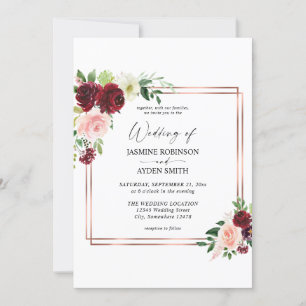 Invitation Bourgogne et rose pâle 4 Floral & Gold Frame Maria