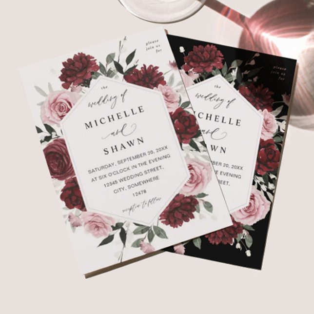 Invitation Bourgogne et rose pâle 6 Mariage floral (Créateur téléchargé)