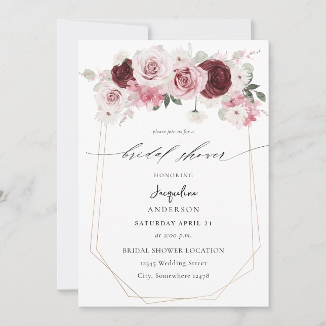 Invitation Bourgogne et rose pâle Ele 6 Fête des mariées 3 (Devant)