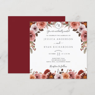 Invitation Bourgogne et rousse, Mariage floral élégant