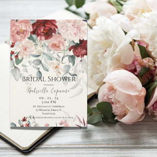 Invitation Bourgogne Fête des mariées florale rose