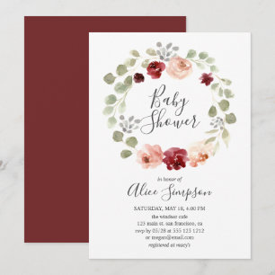 Invitation Bourgogne Fleur vert Baby shower Eucalyptus