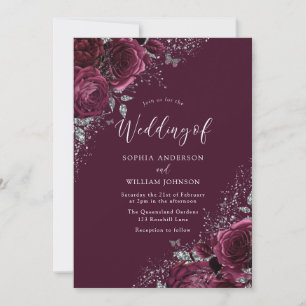 Invitation Bourgogne Fleurs d'étincelle Argent Mariage élégan