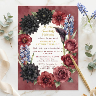 Invitation Bourgogne Fleurs Noires 50e Anniversaire de Mariag