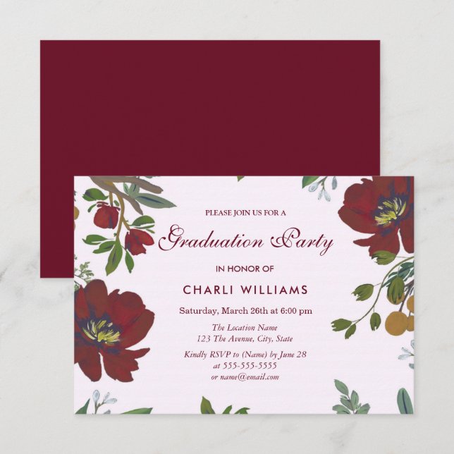 Invitation Bourgogne Fleurs Rouges Graduation Party Invitatio (Devant / Derrière)
