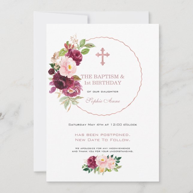 Invitation Bourgogne Floral 1er Anniversaire & Baptême Postpo (Devant)