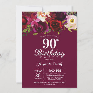 Invitation Bourgogne Floral 90e anniversaire de fête Invitati