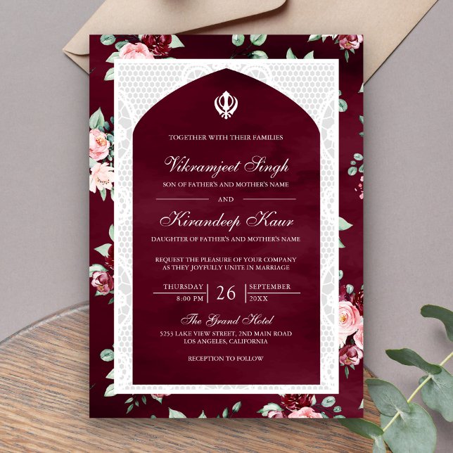 Invitation Bourgogne Floral Anand Karaj Punjabi Sikh Mariage (Créateur téléchargé)