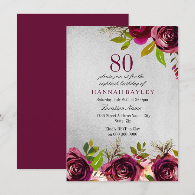 Invitation Bourgogne Floral Argent 80e anniversaire Invitatio (Devant / Derrière)