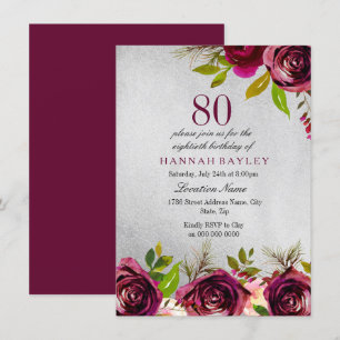 Invitation Bourgogne Floral Argent 80e anniversaire Invitatio