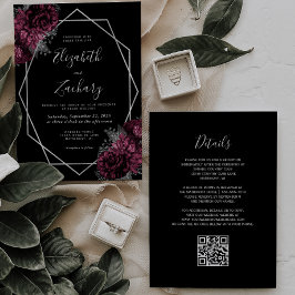 Invitation Bourgogne Floral Argent Cadre noir QR Code Mariage