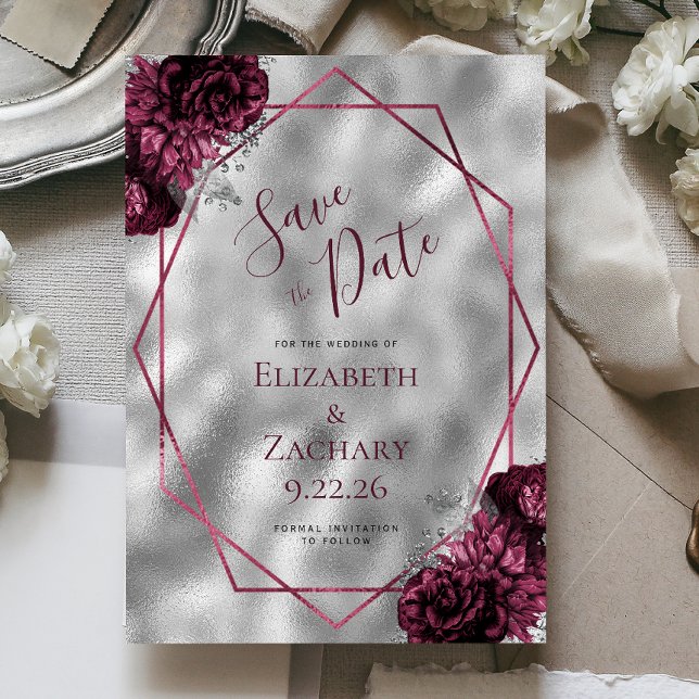 Invitation Bourgogne Floral Argent Polygonal Enregistrer la d (Créateur téléchargé)