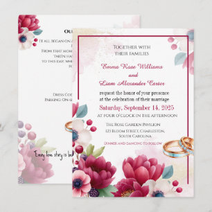 Invitation Bourgogne Floral & Bagues Or Elégant Mariage Invit