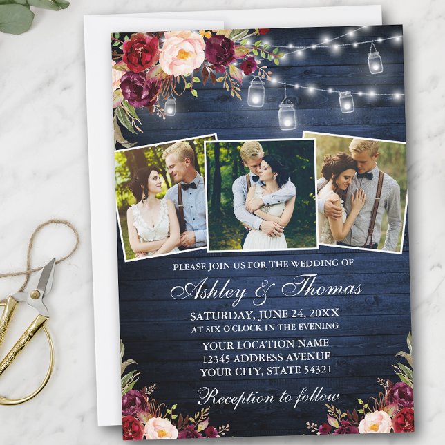 Invitation Bourgogne Floral Blue Wood 3 Lumières photo Mariag (Customize to add more text or more photos to back of card.)