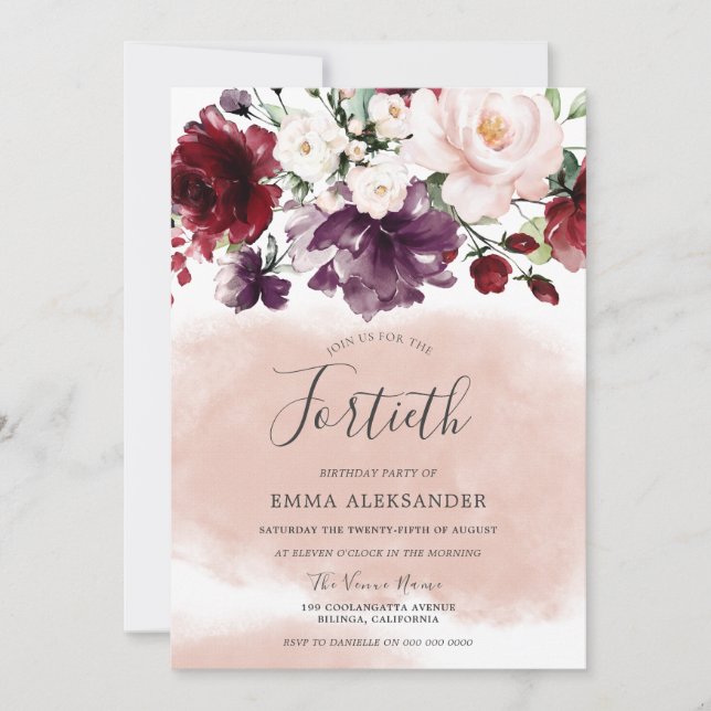 Invitation Bourgogne Floral Blush Aquarelle 40e anniversaire (Devant)