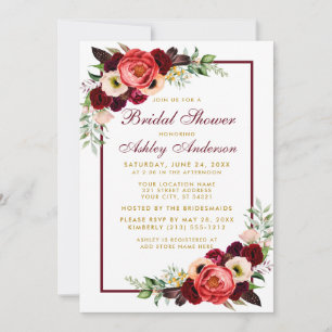 Invitation Bourgogne Floral Boho Fête des mariées Gold Invita