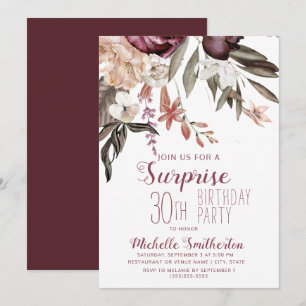 Invitation Bourgogne Floral Boho Vintage 30e anniversaire