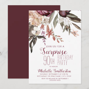 Invitation Bourgogne Floral Boho Vintage 90e anniversaire