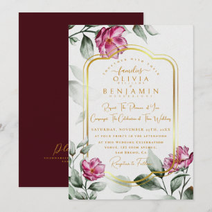 Invitation Bourgogne Floral Chic Golden Frame Mariage Invitat