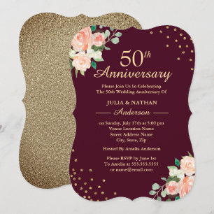 Invitation Bourgogne Floral Confettis 50ème Anniversaire de M