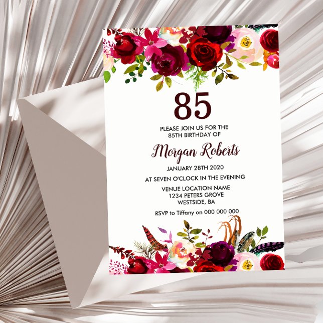 Invitation Bourgogne Floral Elégant 85ème anniversaire Invita (Créateur téléchargé)