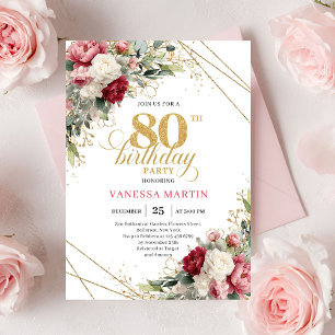 Invitation Bourgogne floral élégant design doré 80ème