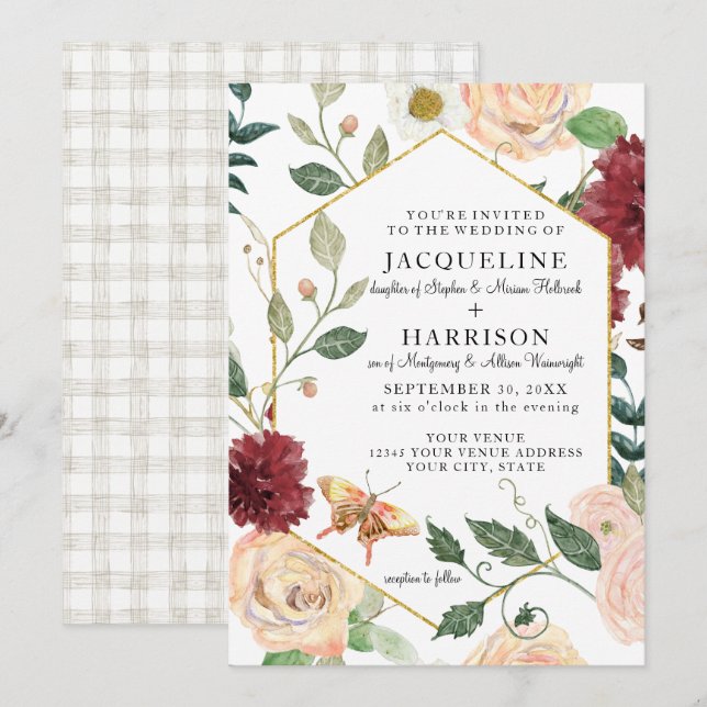 Invitation Bourgogne Floral Élégant Rose Automne Mariage de r (Devant / Derrière)