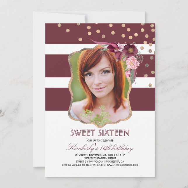 Invitation Bourgogne Floral et Gold Photo Anniversaire Sweet  (Devant)