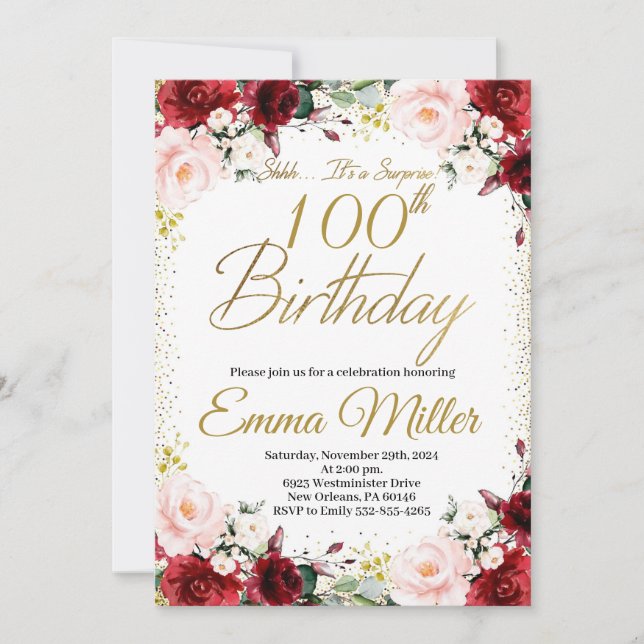 Invitation Bourgogne Floral et Gold Surprise 100e anniversair (Devant)
