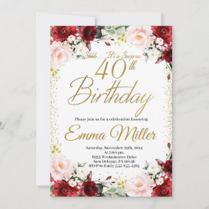 Invitation Bourgogne Floral et Gold Surprise 40e anniversaire