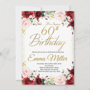 Invitation Bourgogne Floral et Gold Surprise 60e anniversaire
