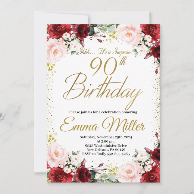 Invitation Bourgogne Floral et Gold Surprise 90e anniversaire (Devant)