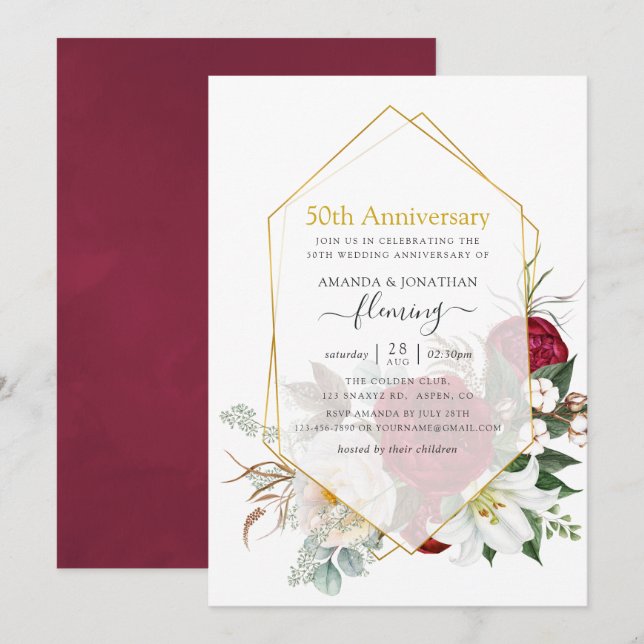 Invitation Bourgogne Floral Géométrique 50e anniversaire Mari (Devant / Derrière)