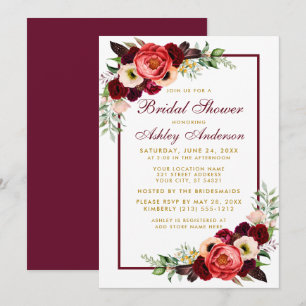 Invitation Bourgogne Floral Gold Boho Fête des mariées Invita