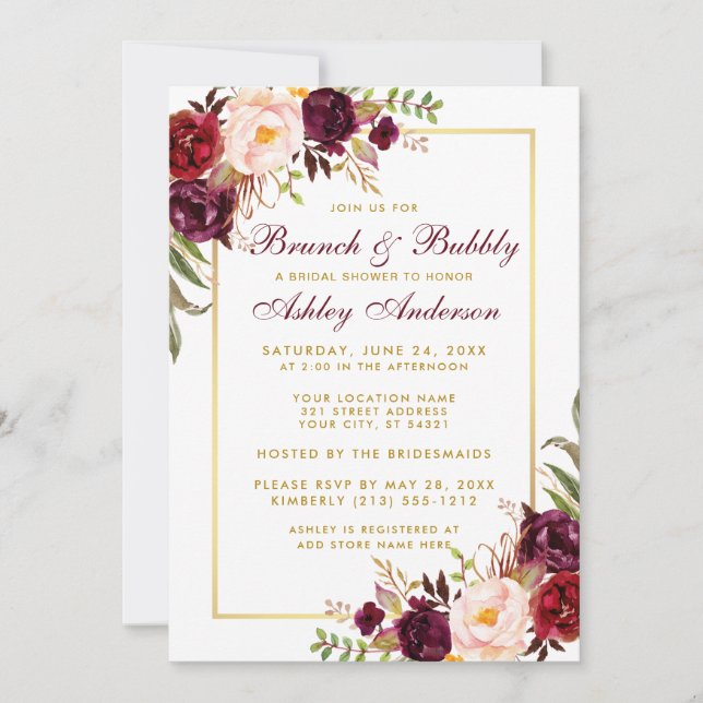 Invitation Bourgogne Floral Gold Fête des mariées Brunch Invi (Devant)