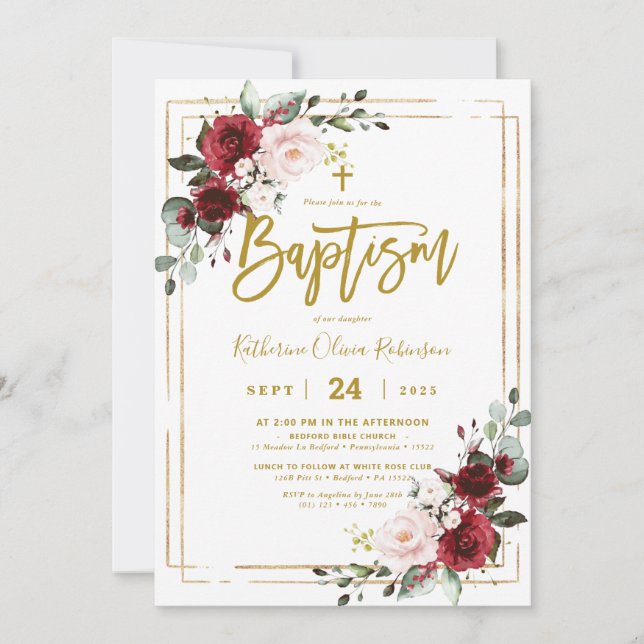 Invitation Bourgogne Floral Gold Frame Photo Baptême  (Devant)
