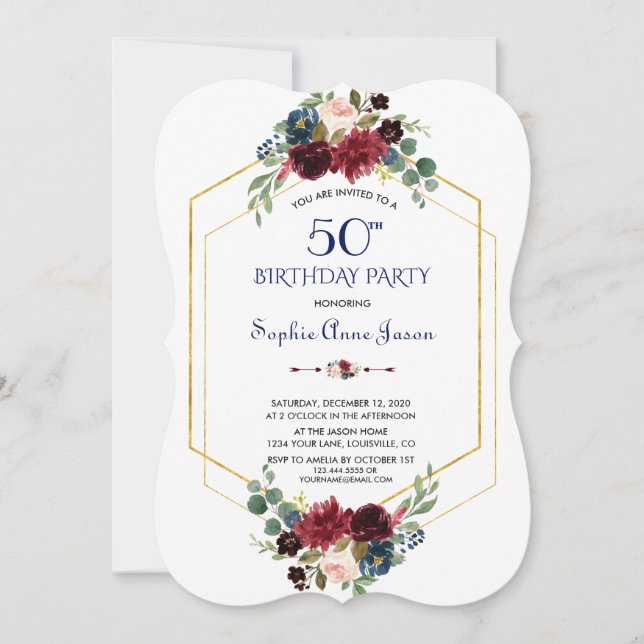 Invitation Bourgogne Floral Gold Hexagon Frame 50e anniversai (Devant)