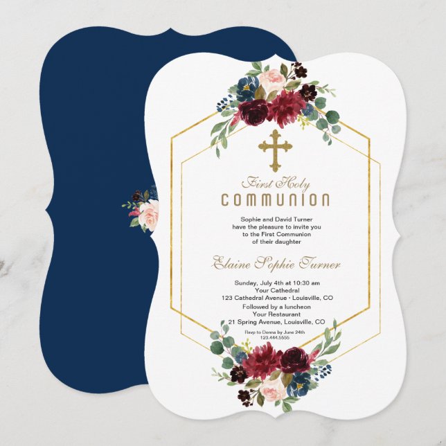Invitation Bourgogne Floral Gold Hexagon Frame Sainte Communi (Devant / Derrière)